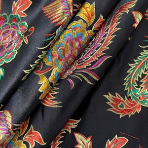 Aiko BLACK Dragon Floral Brocade Chinese Satin Fabric for Cheongsam/Qipao, Apparel, Costumes, Upholstery, Bags, Crafts - 10212