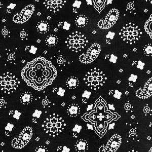May include: Black and white paisley bandana fabric with a repeating pattern of paisley shapes, flowers, and geometric designs.