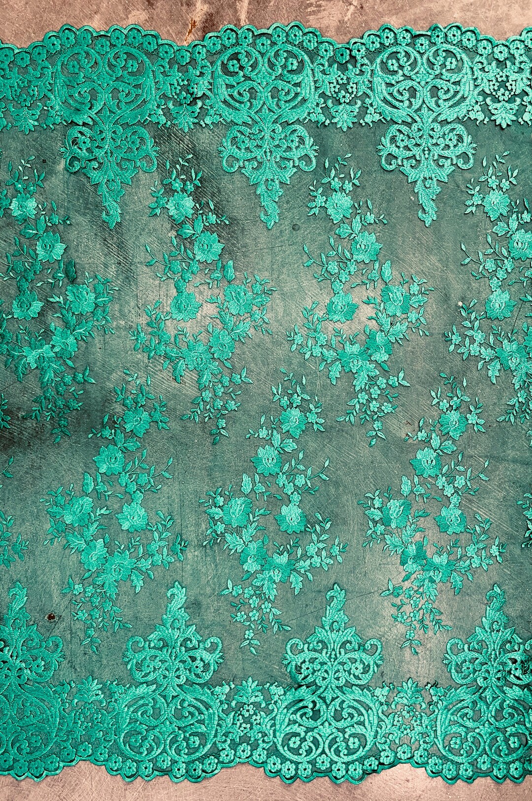 Teagan TEAL GREEN Damask Design Embroidered on Mesh Lace Fabric by the ...
