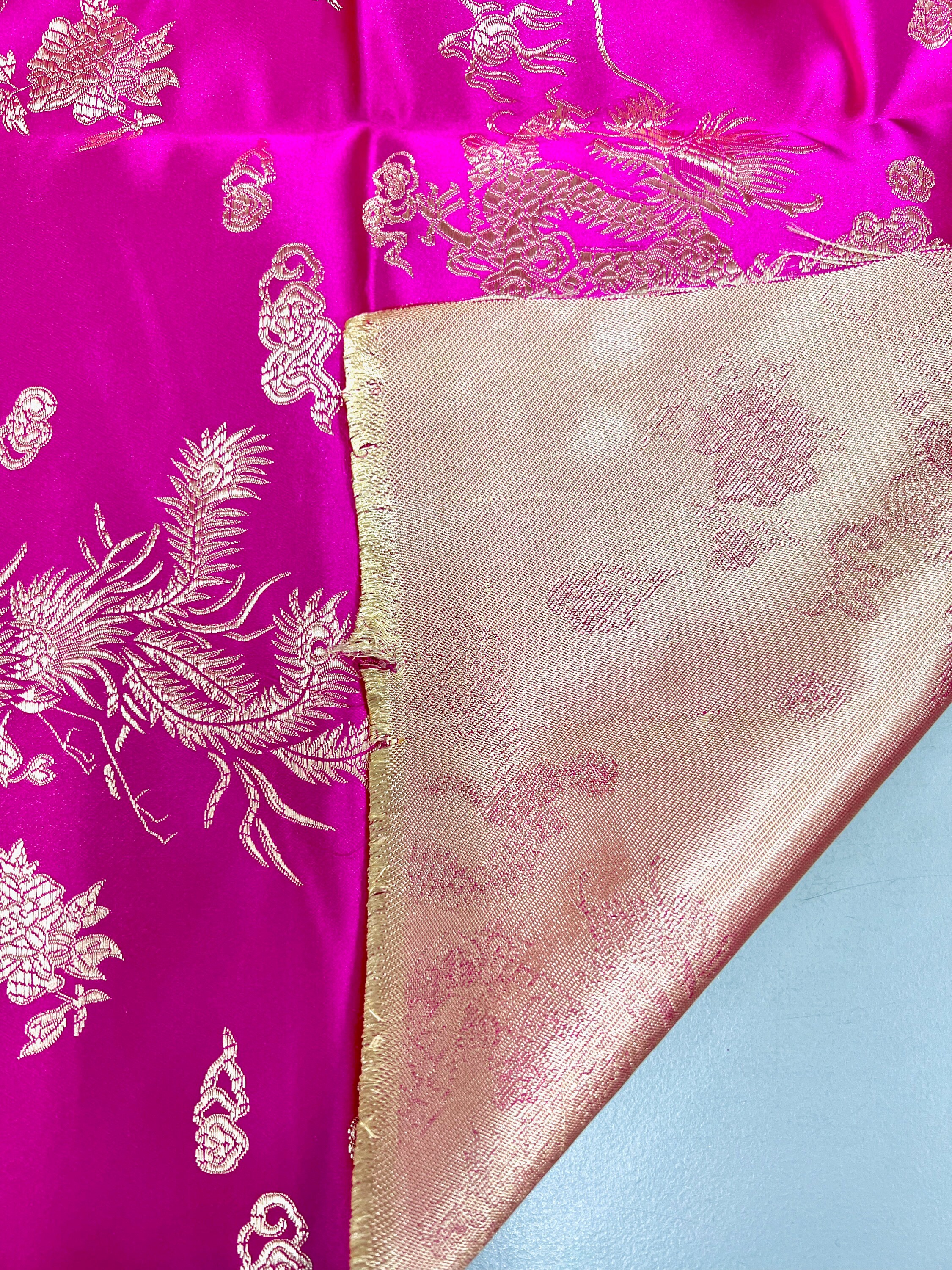 Arisa HOT PINK Gold Dragon Brocade Chinese Satin Fabric for 