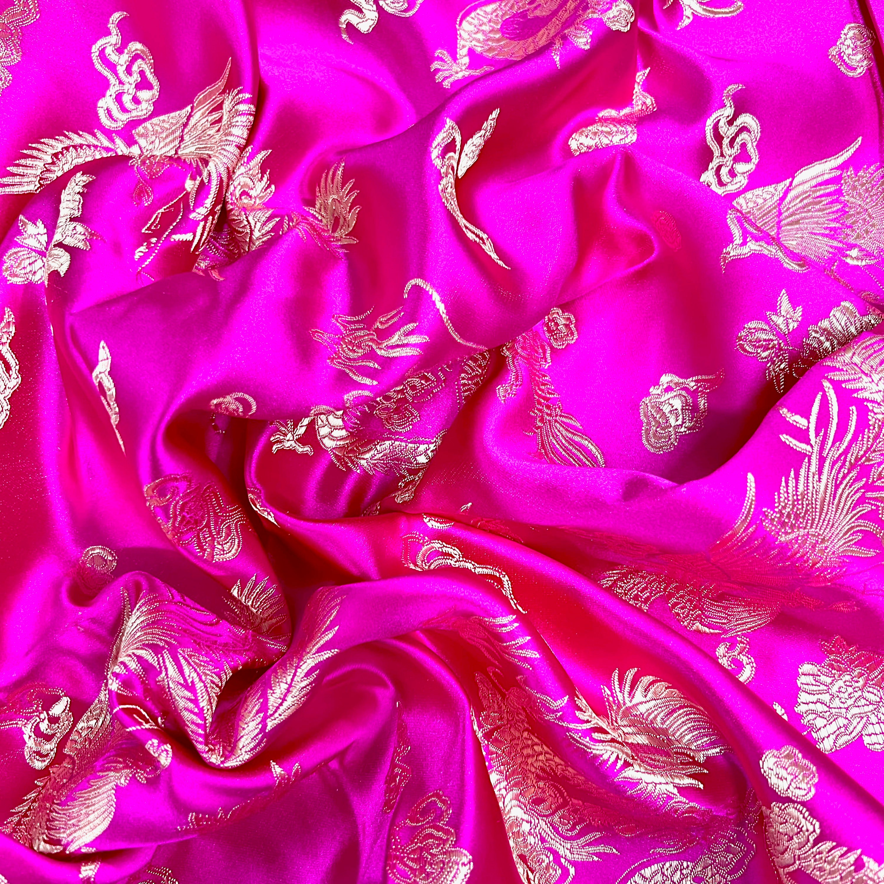 Arisa HOT PINK Gold Dragon Brocade Chinese Satin Fabric for 