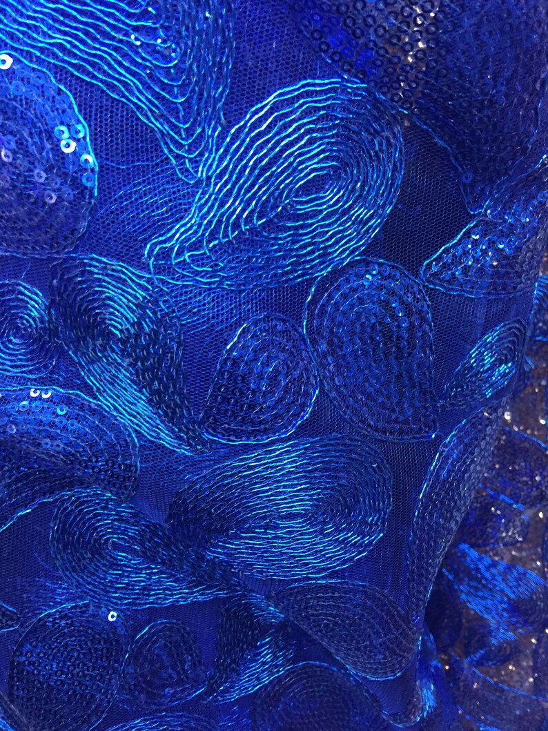 10068 Arielle ROYAL BLUE Leaf Paisley Foil and Sequins on Mesh Lace Fabric by the Yard