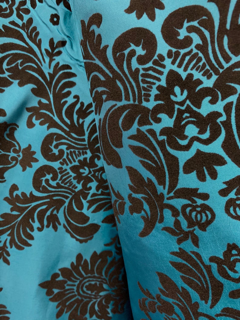 Amanda TEAL Taffeta With Black Velvet Flocked Damask Fabric by Etsy UK