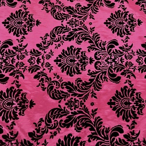 Amanda FUCHSIA Taffeta with Black Velvet Flocked Damask Fabric by the Yard - 10078
