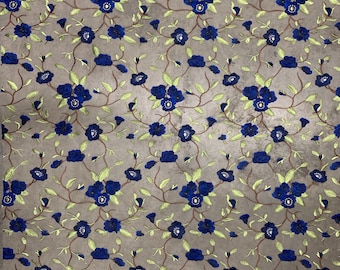 Marilyn ROYAL BLUE Floral and Leaves Embroidery on Mesh Lace Fabric by the Yard - 10158