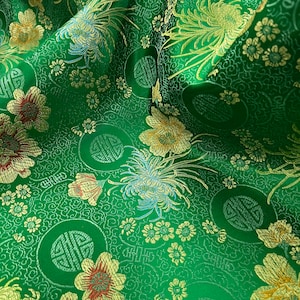 Kate GREEN Floral Brocade Chinese Satin Fabric by the Yard - 10037