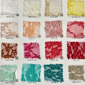 May include: A selection of lace fabric swatches in a range of colours: white, ivory, beige, yellow, nude, peach, rose, coral, rust, fuchsia, red, mint, jade, and mocha. Each swatch is labelled with a colour name and a number.