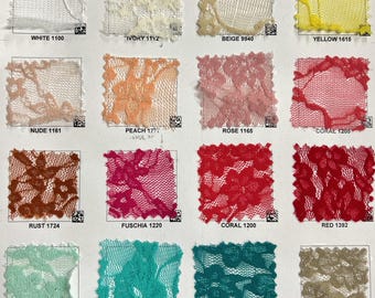 May include: A collection of lace fabric swatches in various colors, including white, ivory, beige, yellow, nude, peach, rose, coral, rust, fuchsia, red, mint, jade, and mocha. Each swatch is labeled with a color name and a number.