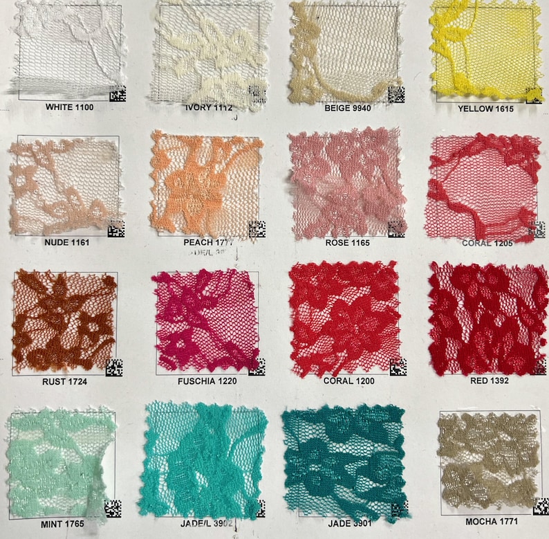 May include: A selection of lace fabric swatches in a range of colours: white, ivory, beige, yellow, nude, peach, rose, coral, rust, fuchsia, red, mint, jade, and mocha. Each swatch is labelled with a colour name and a number.