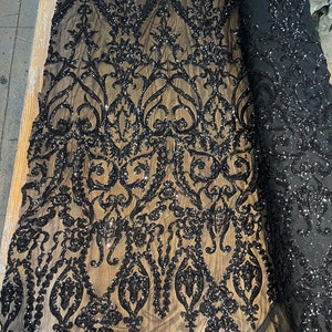 Esmeralda BLACK Sequins on Mesh Lace Fabric by the Yard - 10102
