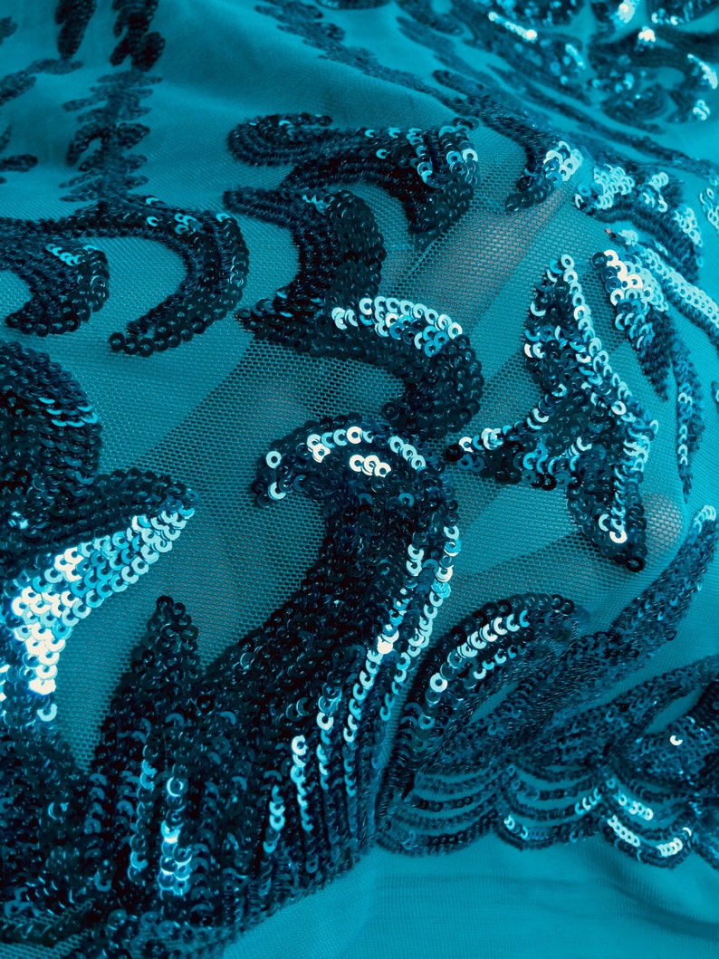 Miranda TEAL Vines and Leaves Sequins on TEAL Mesh Lace Fabric - Etsy