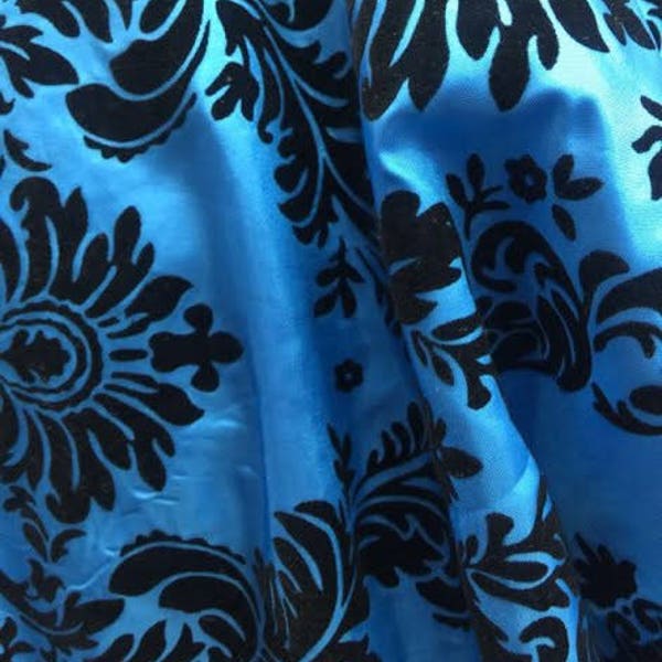 Amanda TURQUOISE Taffeta with Black Velvet Flocked Damask Fabric by the Yard - 10078