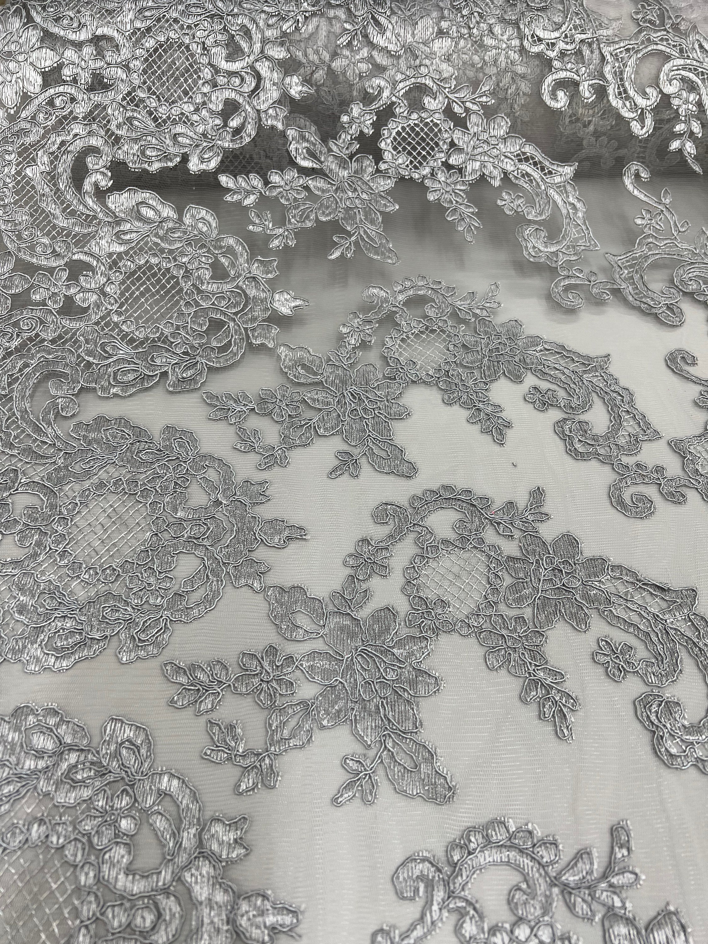 Elise GREY Polyester Corded Floral Embroidery on Mesh Lace Fabric by ...