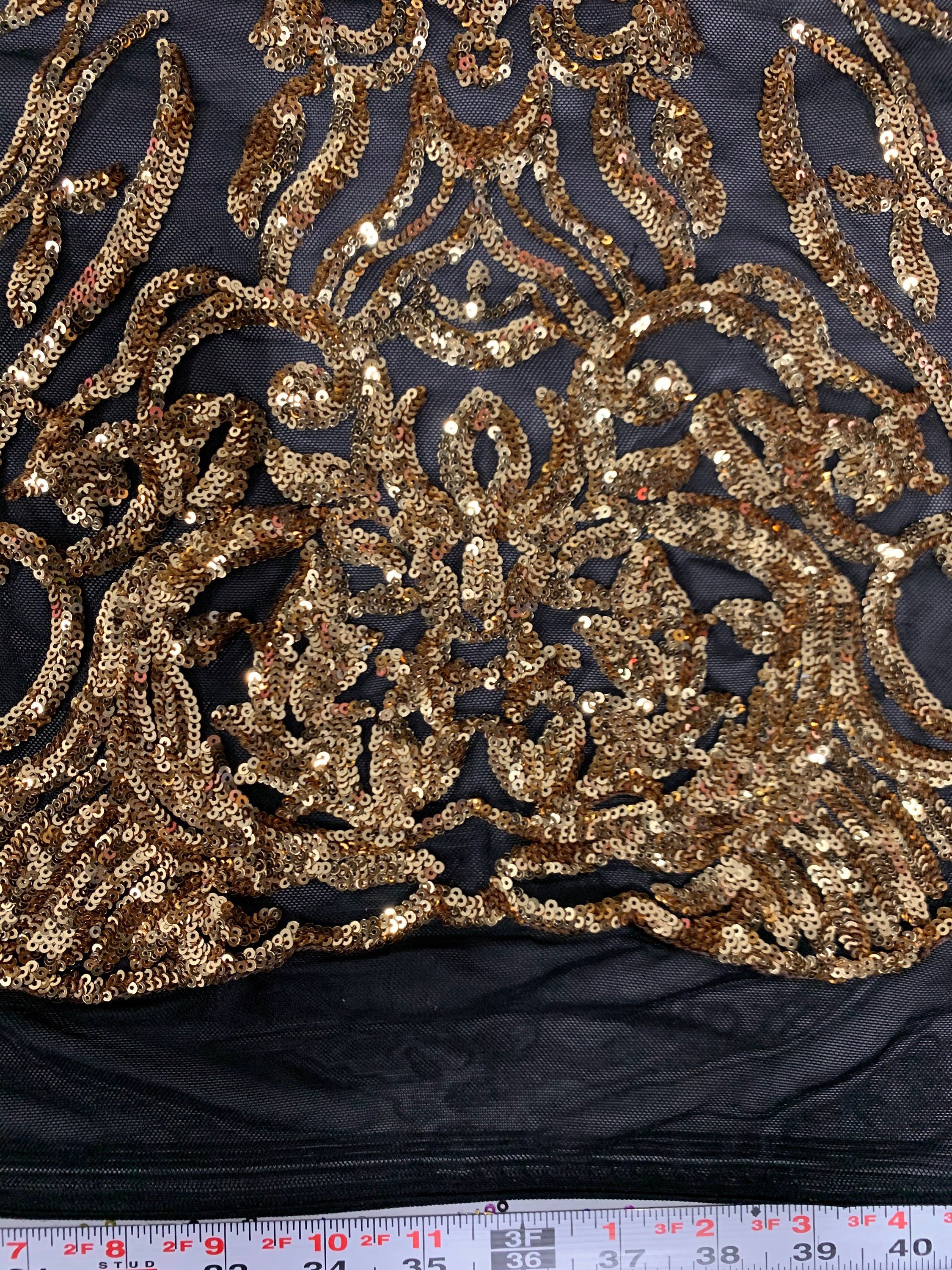 Phoebe GOLD Sequins on BLACK Mesh Lace Fabric by the Yard | Etsy