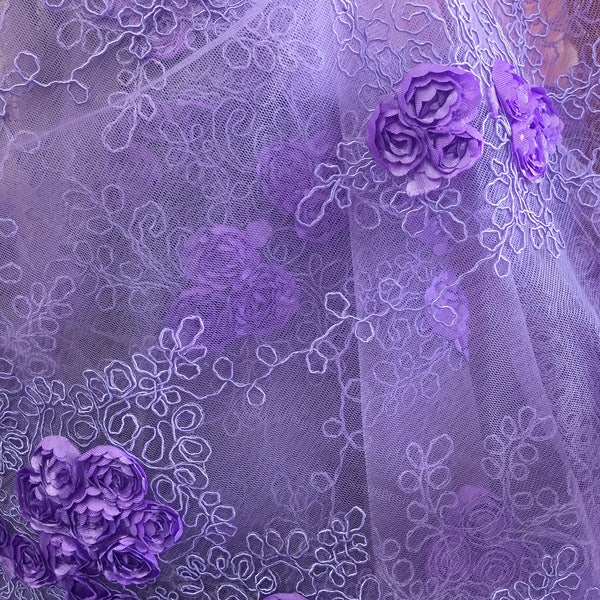 Andrea VIOLET 3D Floral Matte Corded Embroidery on Mesh Lace Fabric by the Yard - 10016