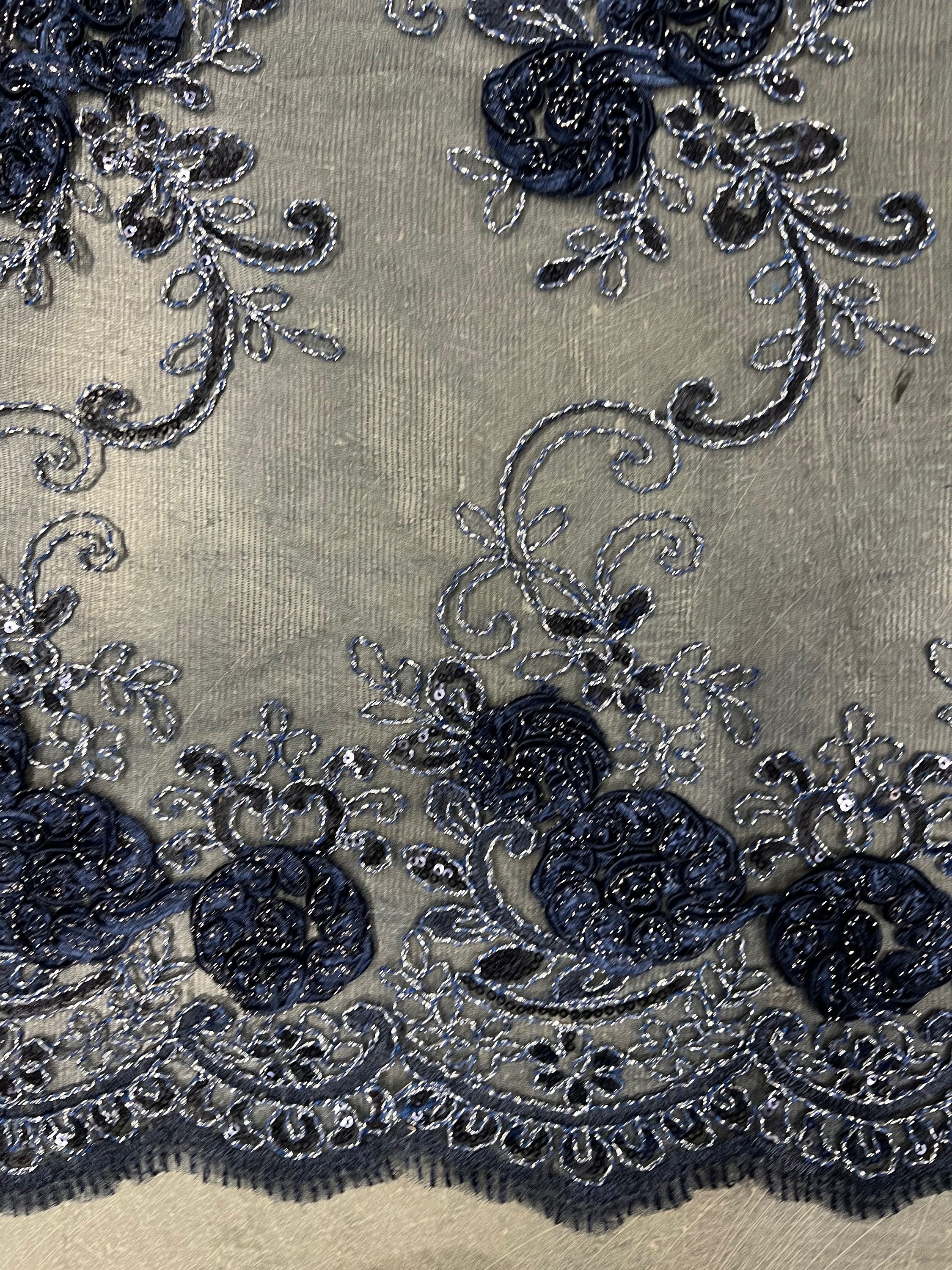 Ryleigh NAVY BLUE 3D Floral Embroidery With Foil & Sequins on Mesh Lace ...