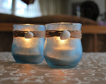 Sea-inspired, Hand-painted, Sea Glass Candle Holder with Citronella Candle, Set of 2