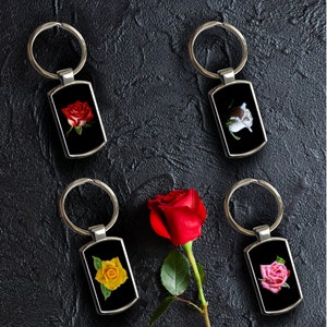 Rose Keychain with Fractal Art Design. Choice of Red, White, Yellow or Pink