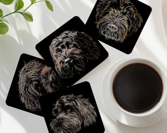 Black Labradoodle Coasters with Fractal Art Design. Perfect Doodle Lover Gift.