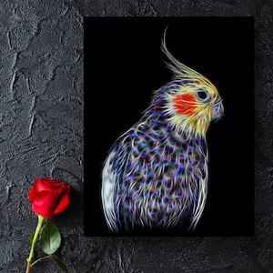 Cockatiel Aluminium Metal Wall Plaque with Stunning Fractal Art Design. image 1