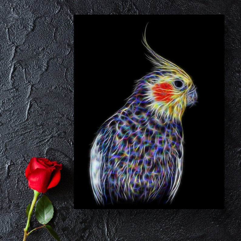 Cockatiel Aluminium Metal Wall Plaque with Stunning Fractal Art Design. image 1