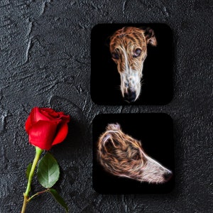 Brindle and White Greyhound Dog Coasters, Set of 2, with Stunning Fractal Art Design.