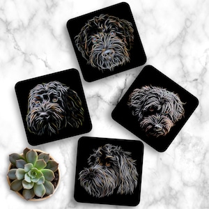 Black Labradoodle Coasters with Stunning Fractal Art Design. Perfect Doodle Lover Gift.