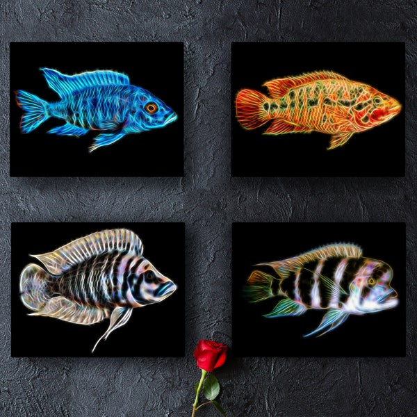 Cichlid Aluminium Metal Wall Plaque with Stunning Fractal Art Design.