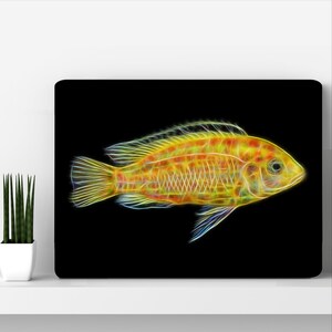 Plaque murale jaune Lab en métal, aluminium et cichlidés avec un superbe design artistique fractal. Labidochromis caeruleus