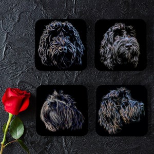 Black Cockapoo Coasters, Set of 4, with Stunning Fractal Art Design.