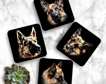 Black & Tan German Shepherd Coasters with Stunning Fractal Art Design. Perfect Dog Lover Gift.