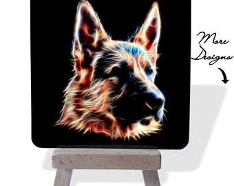 Deutscher Schäferhund Metallplakette und Mini Staffelei mit atemberaubendem Fraktal Kunst Design.
