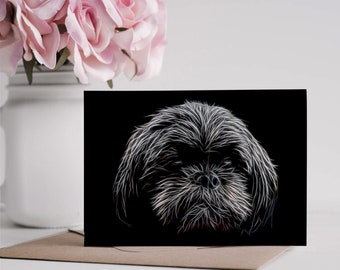 Black Shih Tzu Greeting Card with Stunning Fractal Art Design. Blank Inside for Birthdays or any other Occasion