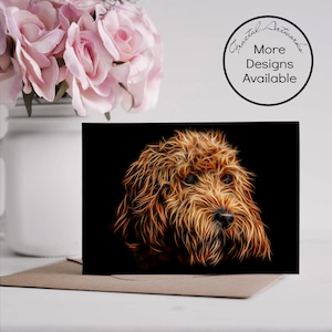 Può includere: Un biglietto di auguri con sfondo nero, raffigurante un'illustrazione stilizzata di un cane. Il pelo del cane è reso in tonalità arancioni e gialle, con un effetto frattale luminoso. La carta contiene anche il testo "More Designs Available".