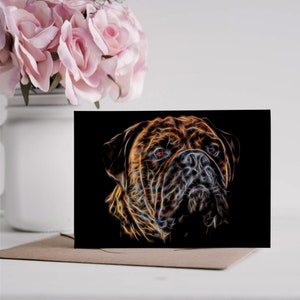 Carte de voeux bringé Bullmastiff avec un superbe design artistique fractal. Intérieur vierge pour les anniversaires ou toute autre occasion