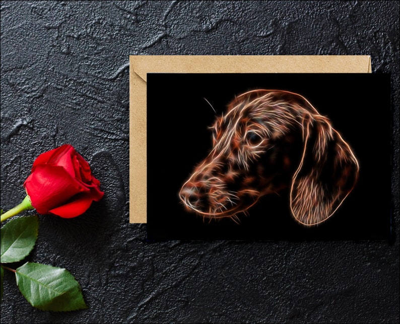 Chocolate Dachshund Greeting Card with Stunning Fractal Art Design. Blank Inside for Birthdays or any other Occasion image 3