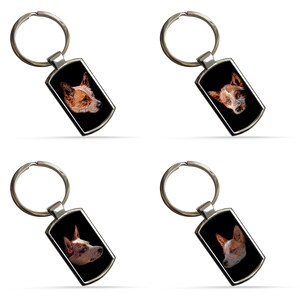 May include: Four silver keychains with black rectangular tags featuring a red and white dog head image on each tag.