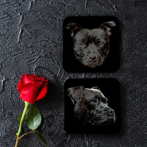 Black Staffordshire Bull Terrier Coasters, Set of 2, with Stunning Fractal Art Design. Perfect Dog Owner Gift.