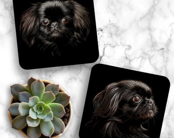 Sous-verres noirs pour chiens pékinois avec design artistique fractal. Cadeau parfait pour le propriétaire pékinois