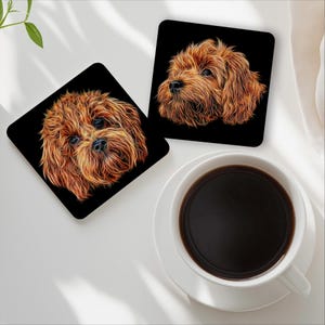 Red Cavapoo Coasters with Stunning Fractal Art Design.