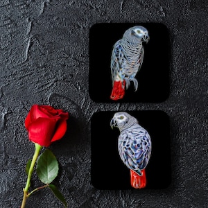 African Grey Parrot Coasters, Set of 2, with Stunning Fractal Art Design.