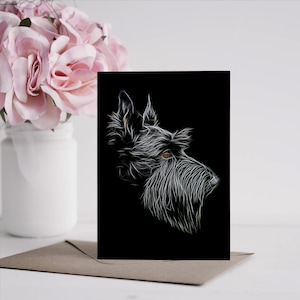 Biglietto d'auguri Scottish Terrier con splendido disegno di arte frattale. Interno vuoto per compleanni o qualsiasi altra occasione