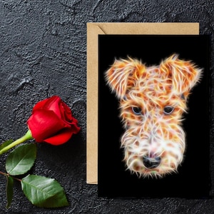 Carte de vœux Fox Terrier avec un design d’art fractal époustouflant. Vierge à l’intérieur pour les anniversaires ou toute autre occasion