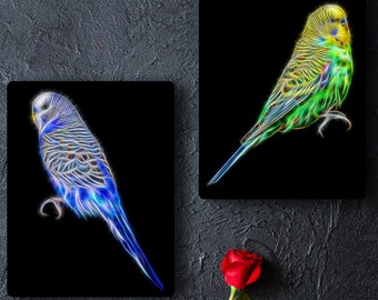 Placca da parete in metallo Budgie con splendido design frattale. Pappagallino ondulato blu o verde