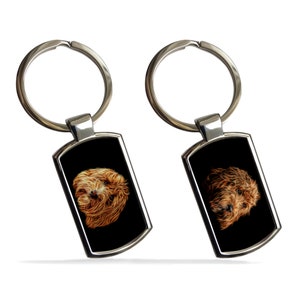 May include: Two silver keychains with black rectangular tags featuring a stylized image of a brown dog's head on a black background.