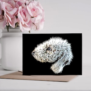 Cartão de felicitações de Bedlington Terrier com impressionante design de arte fractal. Em branco dentro para aniversários ou qualquer outra ocasião