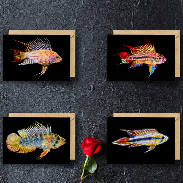 Apistogramma Cichlid Fish Greeting Card with Stunning Fractal Art Design (Blank Inside). A Selection of Designs.