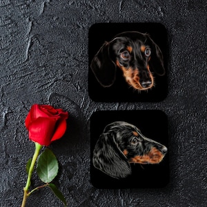 Posavasos Dachshund en negro y tostado, juego de 2, con impresionante diseño de arte fractal
