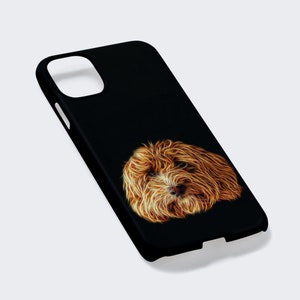 May include: Black phone case with a stylized image of a brown and white dog with a light brown muzzle.
