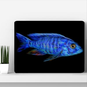 Electric Blue Hap Cichlid Aluminium Metal Wall Plaque with Stunning Fractal Art Design.  Sciaenochromis Fryeri